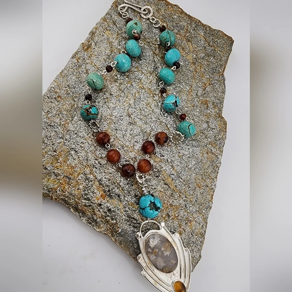 TURQUOISE, CARNELIAN, & DENDRITIC AGATE  NECKLACE  HANDMADE IN STERLING SILVER
